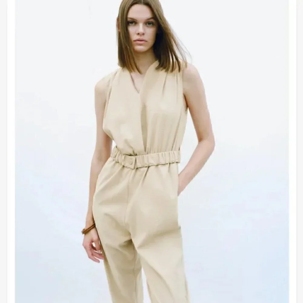 New Zara Textured Linen Blend V-Neck Sleeveless Belted Tan Jumpsuit NWT Small
